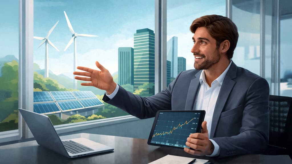 Financial adviser reviewing ESG-related risks while holding a digital tablet with a global investment scene featuring sustainability elements in the background