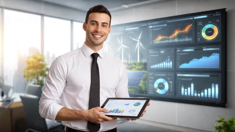Business analyst holding a tablet with energy project metrics displayed on a large digital dashboard showing performance charts and renewable energy data