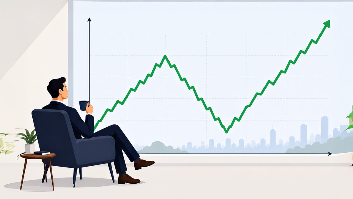 Calm businessman watching a stock chart rise, crash sharply, then recover to new highs during a market downturn.