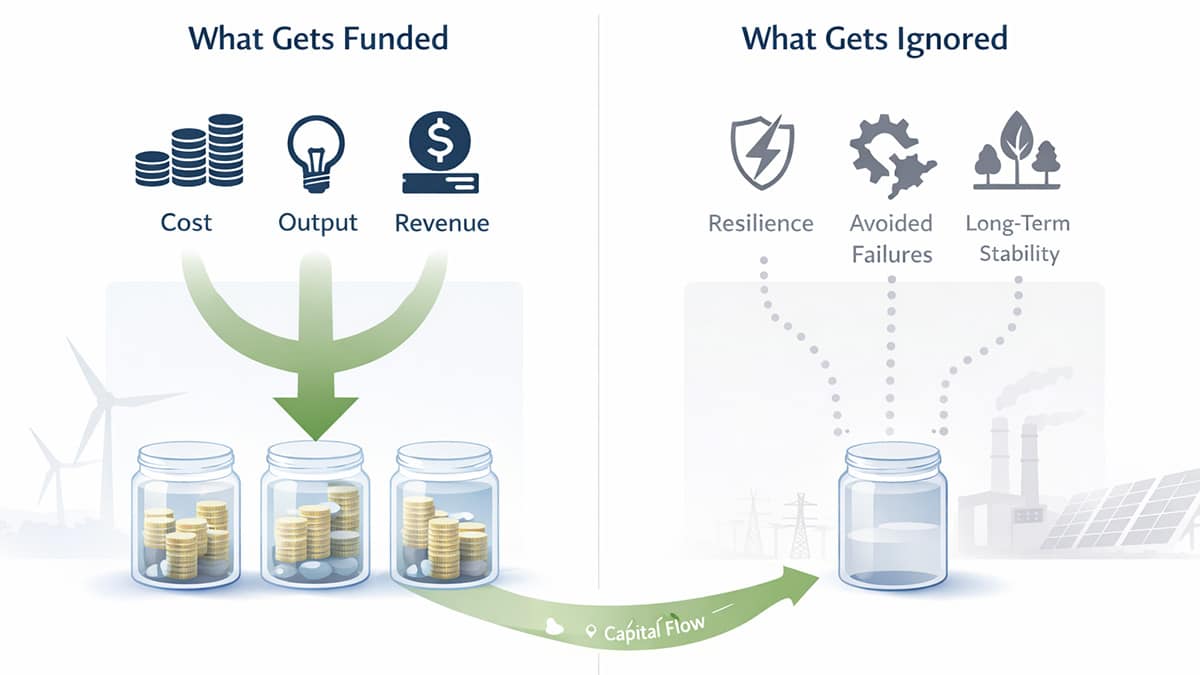 Diagram showing capital directed toward measurable factors like cost, output, and revenue, while resilience, avoided failures, and long-term stability receive less investment