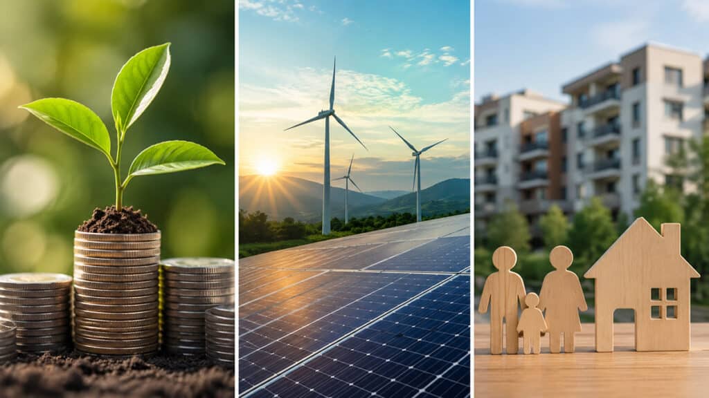 Split illustration showing ethical investment types including sustainable finance, renewable energy infrastructure, and community-focused housing investment.