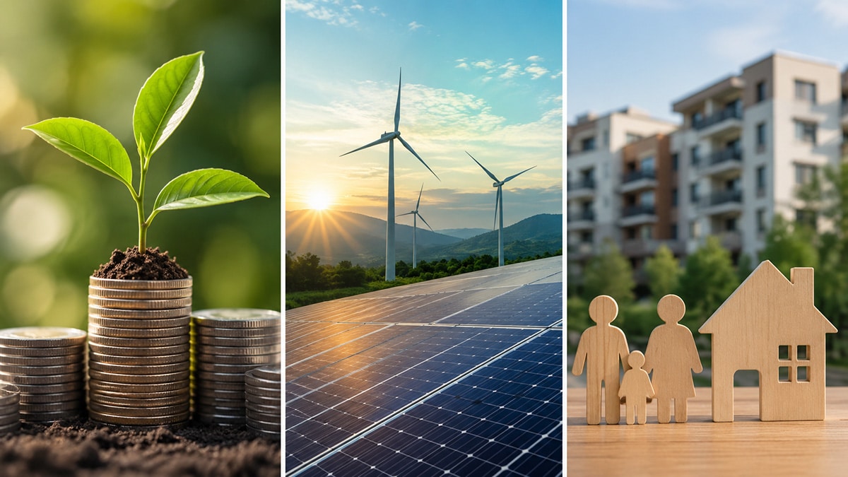 Split illustration showing ethical investment types including sustainable finance, renewable energy infrastructure, and community-focused housing investment.