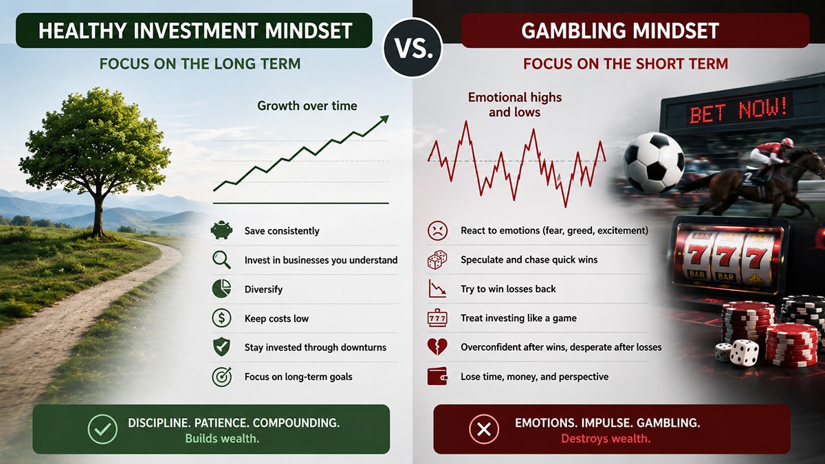 Split-screen illustration comparing a calm long-term investment mindset with emotional gambling behavior driven by greed, panic, and speculation.