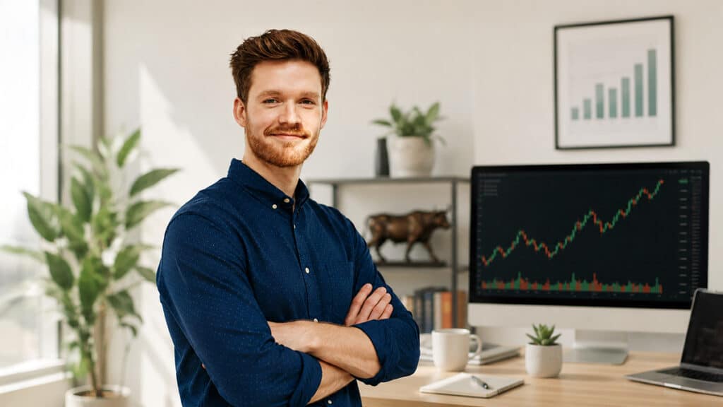 Calm young investor standing confidently beside stock market charts and investment symbols representing long-term financial thinking.
