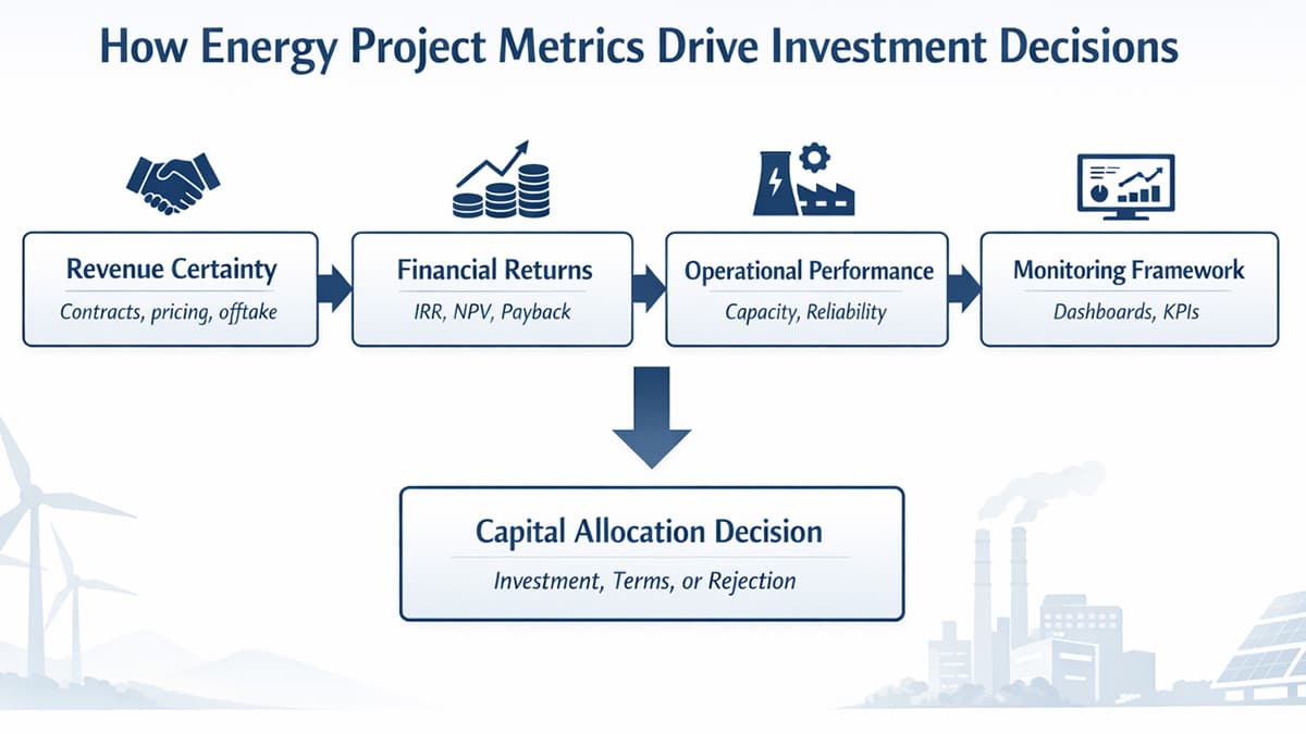Flow diagram showing how revenue certainty, financial returns, operational performance, and monitoring metrics combine to drive capital allocation decisions in energy projects