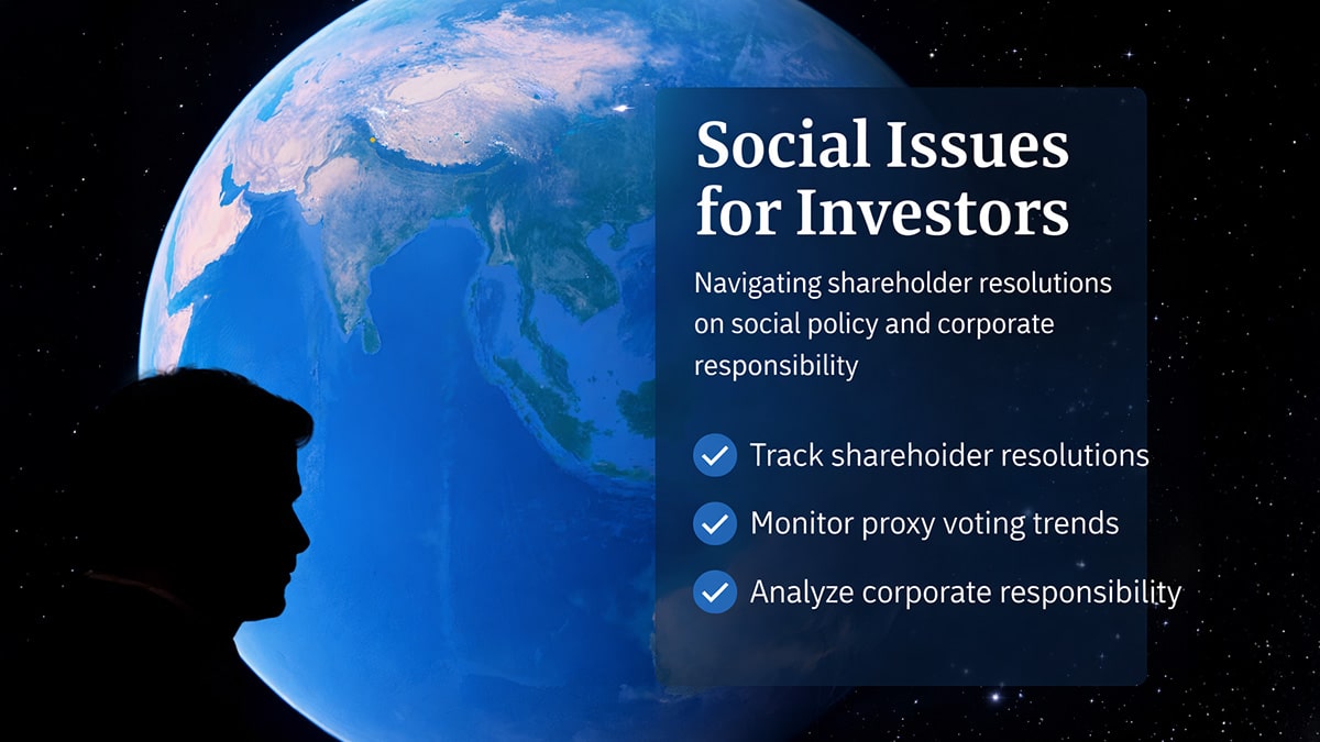 Silhouette of a man looking at a digital globe highlighting Asia, with overlay text about social issues for investors and proxy voting insights