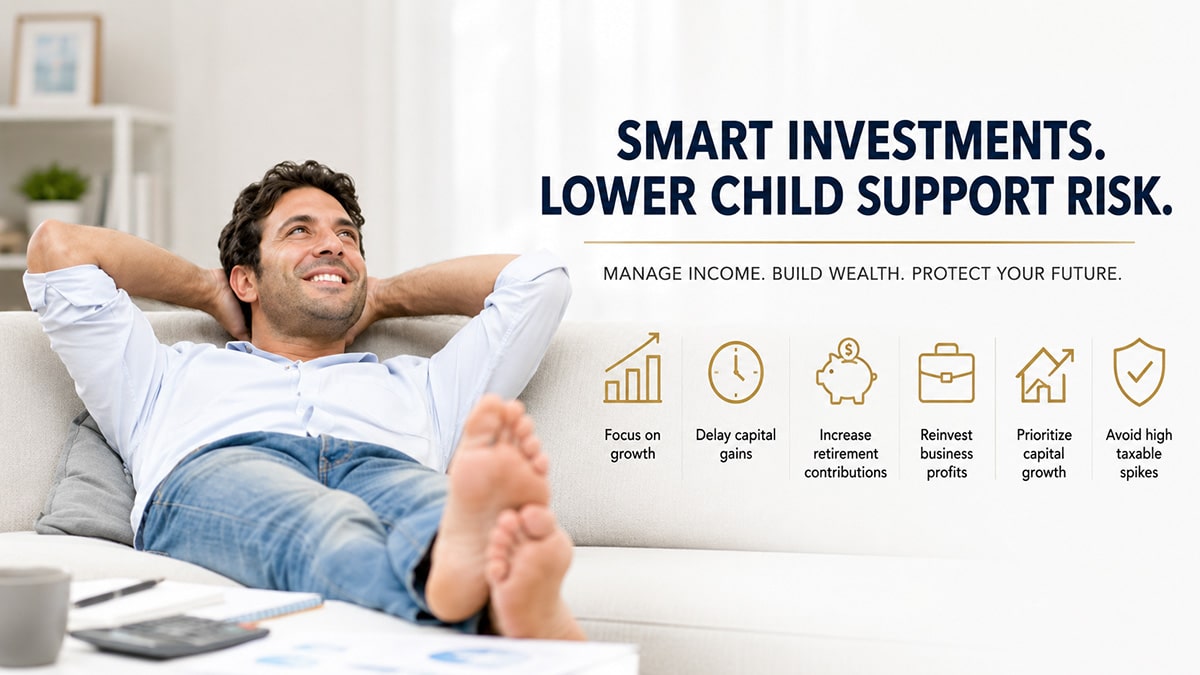 Relaxed divorced man planning investment and income strategies to reduce future child support assessments and build wealth.
