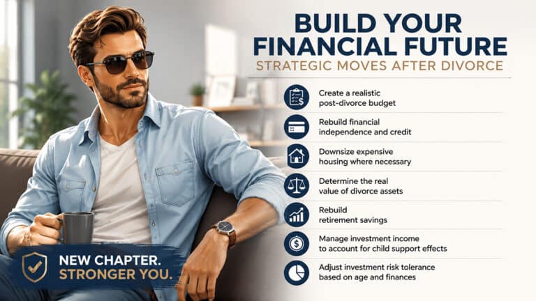 Confident divorced man reviewing financial recovery strategies including budgeting, downsizing, retirement rebuilding, and investment planning.