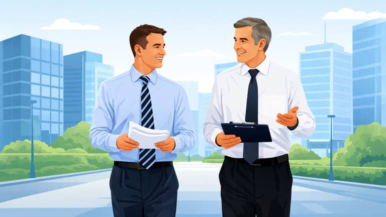 Two male business executives in suits walking and discussing documents in a modern corporate environment, representing board-level decision making and governance