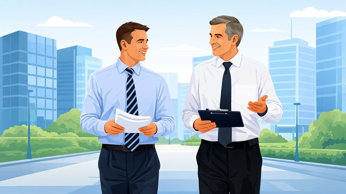 Two male business executives in suits walking and discussing documents in a modern corporate environment, representing board-level decision making and governance