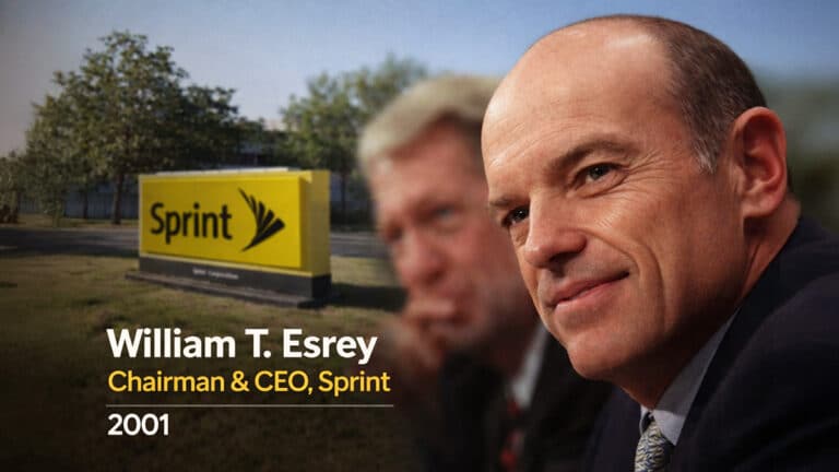 William T. Esrey, Chairman and CEO of Sprint in 2001, shown with a Sprint sign during the period of shareholder activism over executive pay